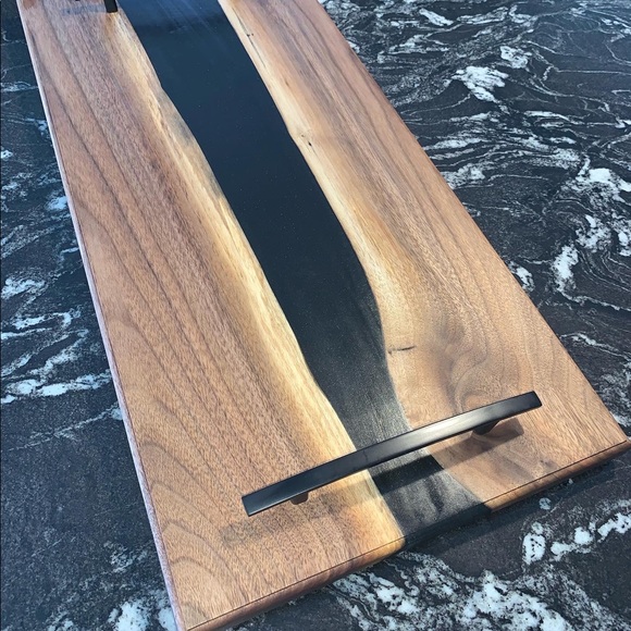 Charcuterie tray- Black walnut, epoxy river with mat black chrome handles. - Picture 2 of 5